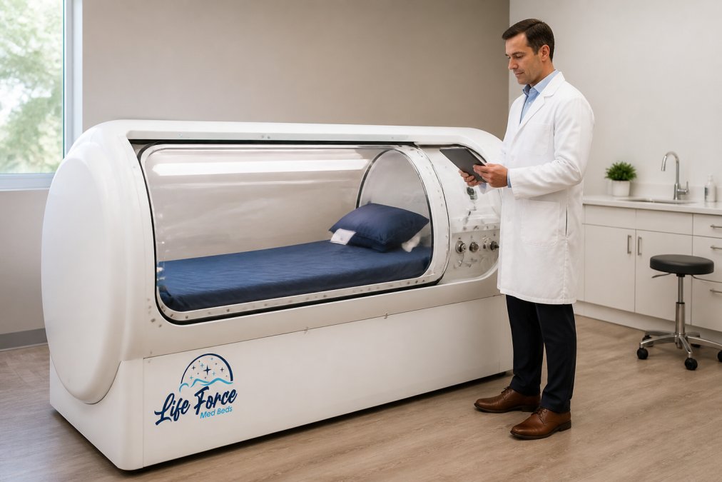 A modern hyperbaric chamber situated in a bright, professional medical office, with a clinician in a white coat standing beside it reviewing a digital monitoring tablet