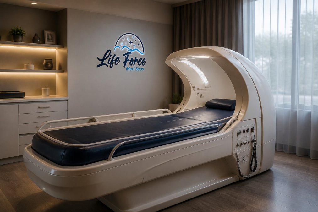 Modern wellness clinic interior showing a sleek med bed system with integrated lighting and control panels, professional healthcare environment with calm lighting and ergonomic positioning
