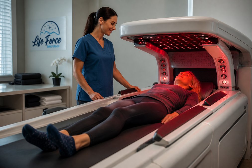 Healthcare professional assisting a patient positioned on a therapeutic bed with red light therapy panels visible, clinical recovery setting with professional lighting and equipment