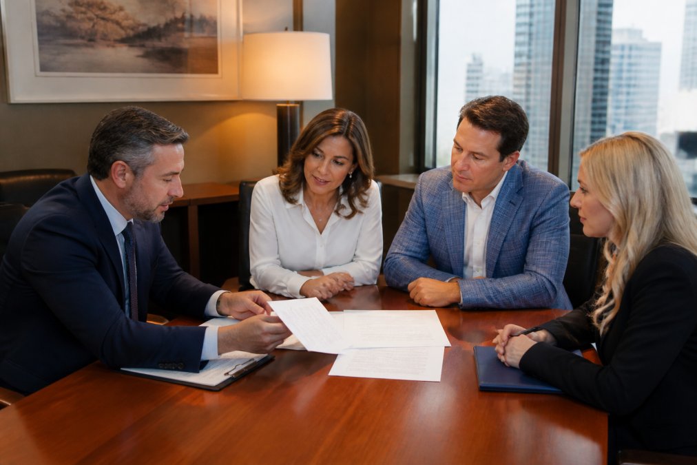 A financial advisor and an attorney sitting across a desk from a well-dressed couple, reviewing printed trust documents together in a professional office setting, with warm overhead lighting and a city view through the window behind them