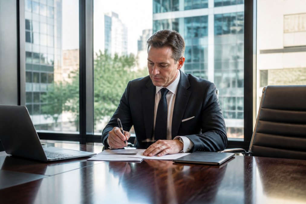 A confident business professional in a tailored suit reviewing financial documents and a laptop on a polished conference table in a modern office, pen in hand, with natural light streaming through floor-to-ceiling windows
