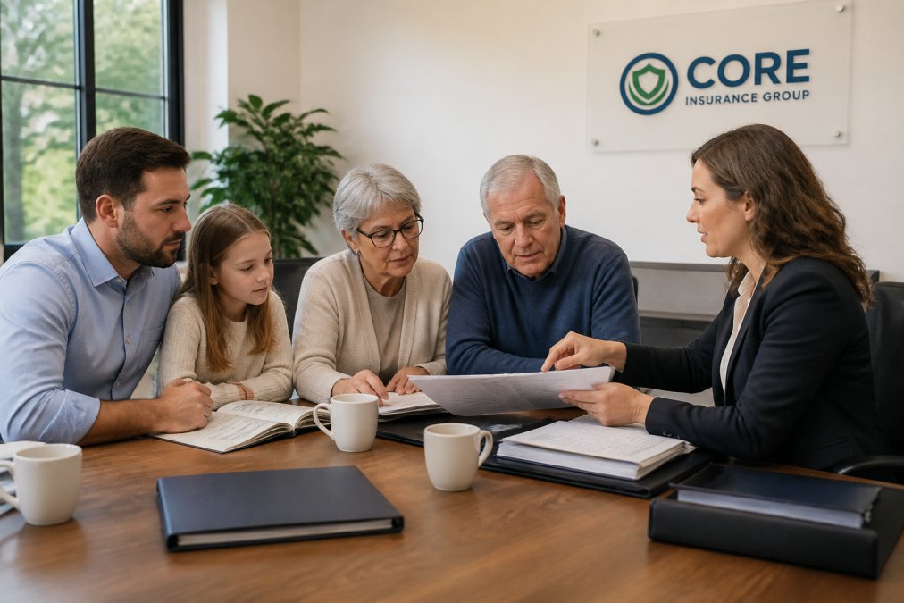 Professional financial advisor meeting with multi-generational family in modern office setting, reviewing insurance documents and legacy planning materials over a wooden table with coffee cups and estate planning folders visible