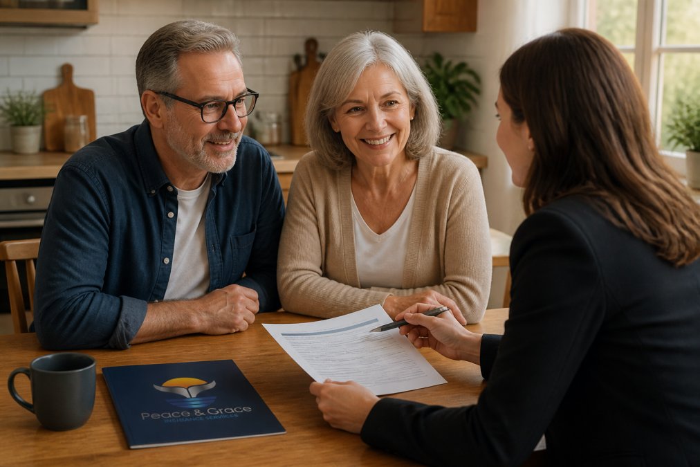 A couple in their early 60s sitting at a kitchen table with a financial advisor, reviewing documents together in a warm, well-lit home setting