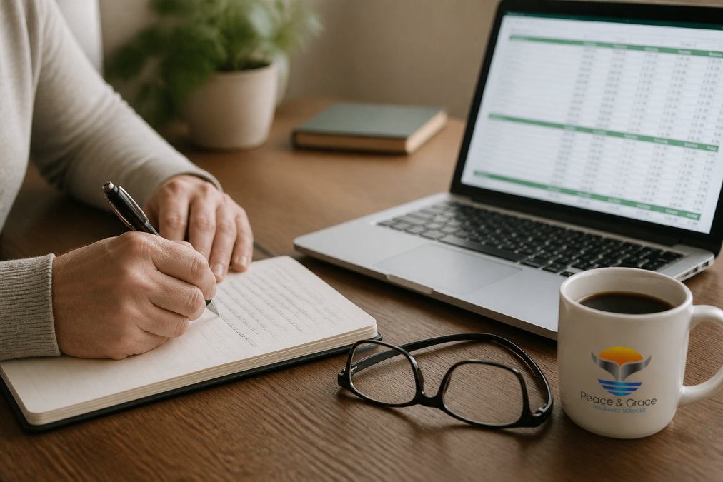 Close-up of a person's hands writing notes in a notebook next to a laptop showing a financial planning spreadsheet, with reading glasses and a cup of coffee on the desk