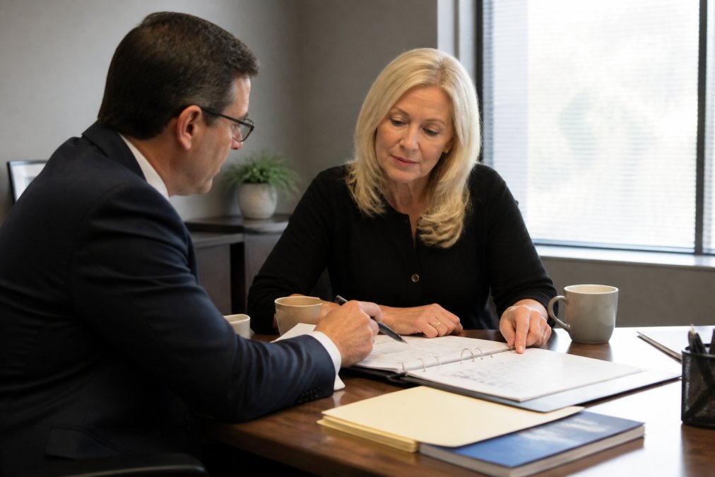 Financial advisor and client reviewing retirement documents and policy statements at desk with laptop and coffee, natural office lighting