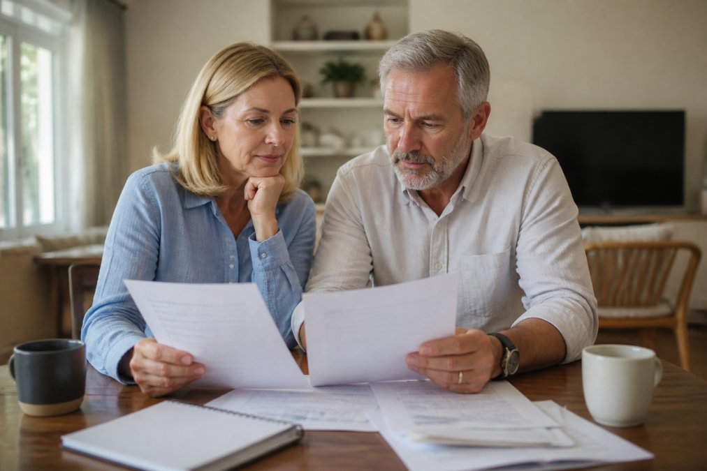Couple in late 50s sitting together reviewing financial plans and retirement strategy documents at home with natural lighting