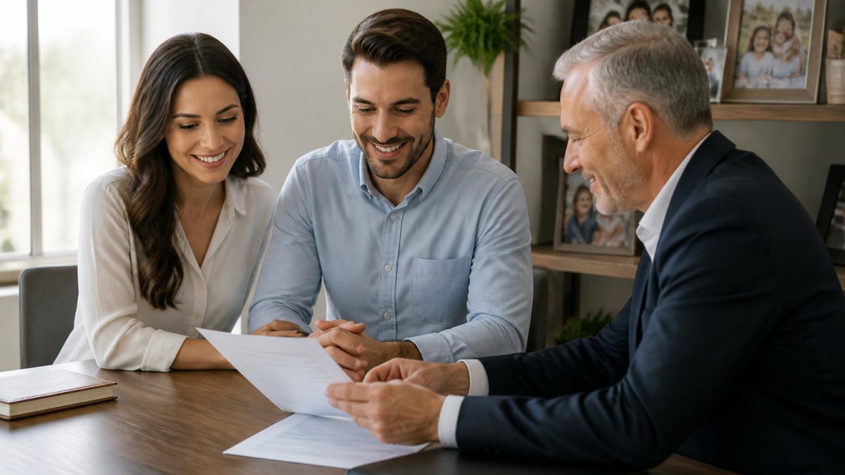 Young couple meeting with an insurance agent to discuss life insurance for young professionals and new parents