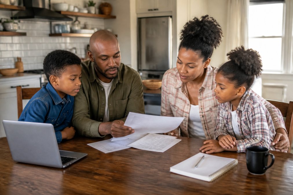 Family of four sitting together at a kitchen table reviewing financial documents and insurance paperwork, with a laptop and notepad visible