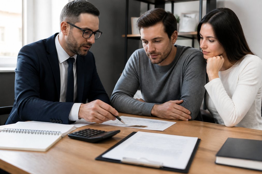 Insurance agent or financial advisor in professional attire having a consultation with a young couple in an office setting, discussing policy options