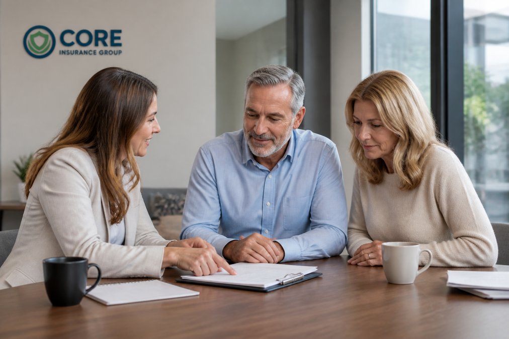 Financial advisor and married couple reviewing estate planning documents at a desk with coffee and notepad in modern office setting