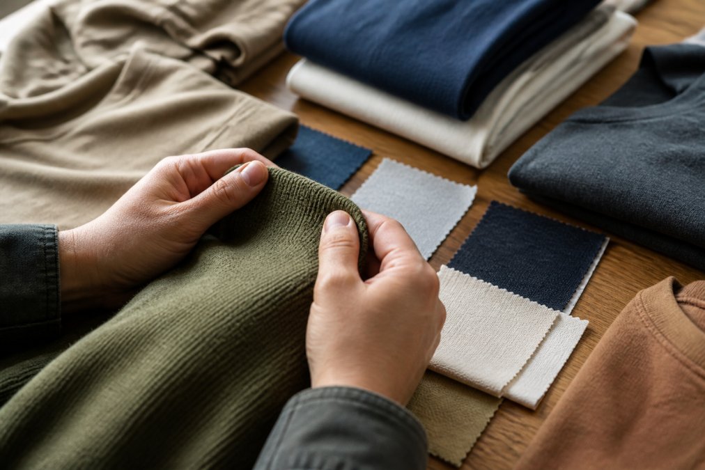 Close-up of hands inspecting fabric texture and weave quality, with various apparel samples laid out showing different material types and conditions