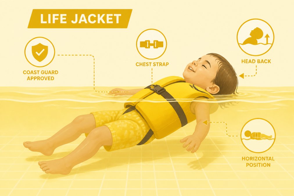 Toddler wearing a properly fitted Coast Guard approved life jacket with horizontal body positioning in a pool, showing chest strap fastened securely and head tilted back safely above water