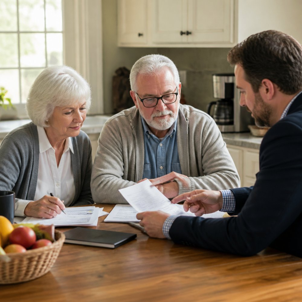 A senior couple sitting at a kitchen table reviewing financial paperwork with an advisor, warm natural light, documents and a pen on the table