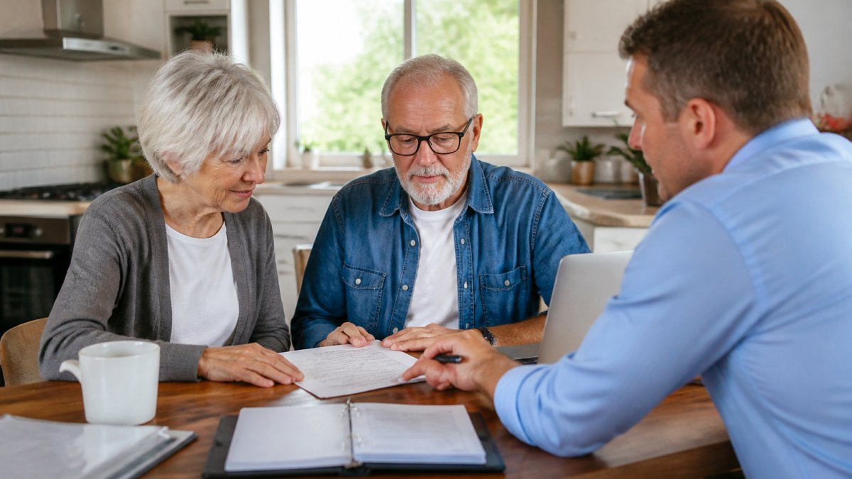 Flowchart illustrating the step-by-step life settlement process with a senior couple reviewing documents.
