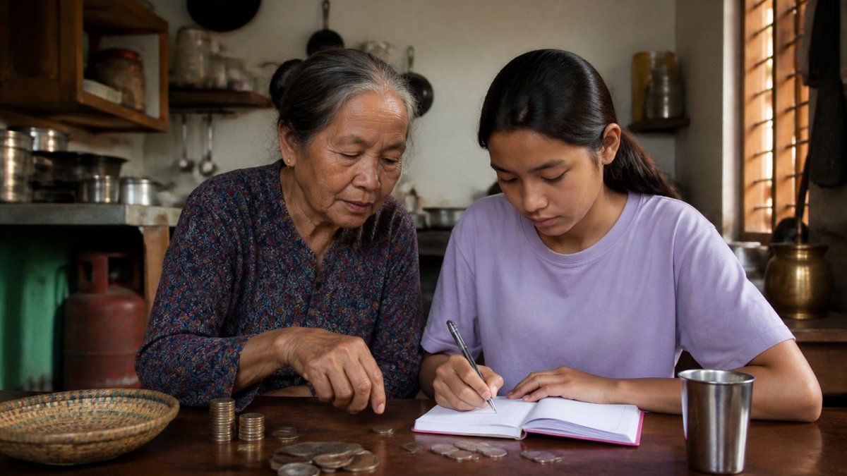A Nepali teenager and grandparent sitting at a kitchen table in a simple home, counting coins and writing a household budget in a notebook, warm natural light coming through a window