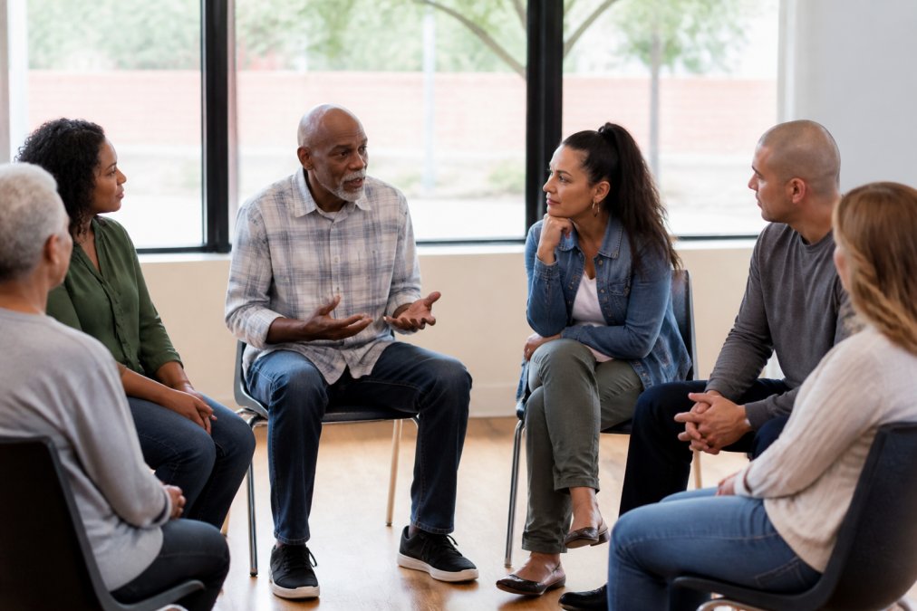 A diverse group of adults engaged in a supportive conversation circle during a community program session, showing active listening and positive interaction