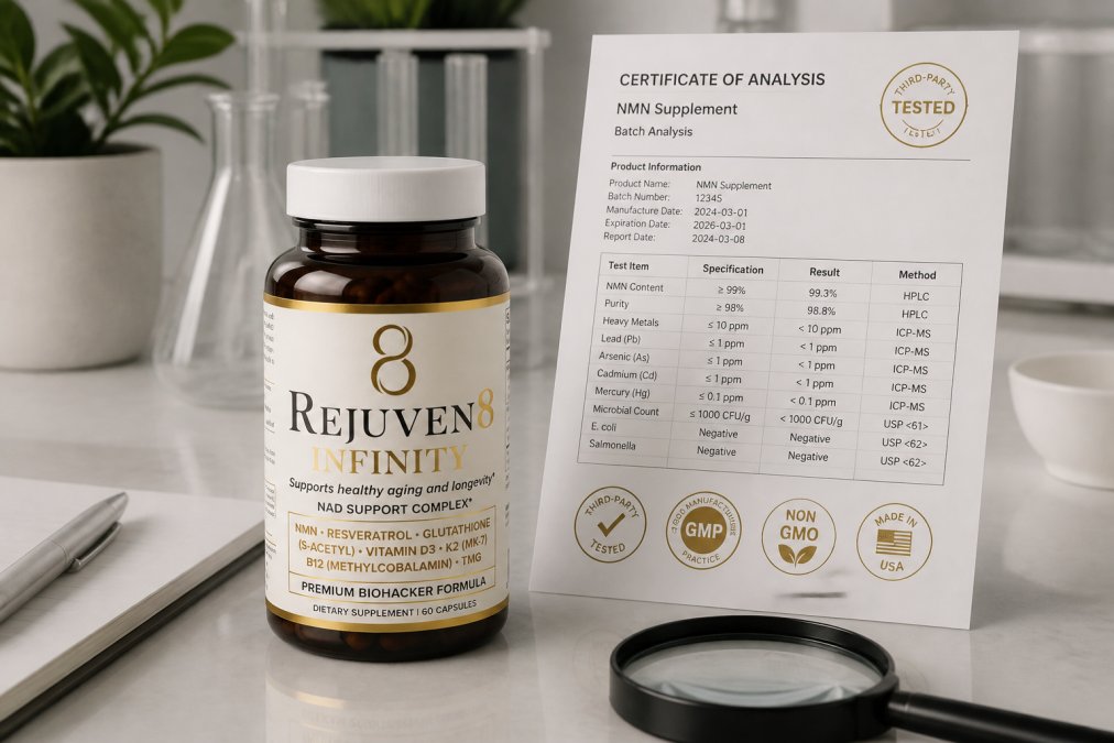 Close-up of supplement bottle label displaying third-party testing certification logos and certificate of analysis document on clean white surface with natural lighting