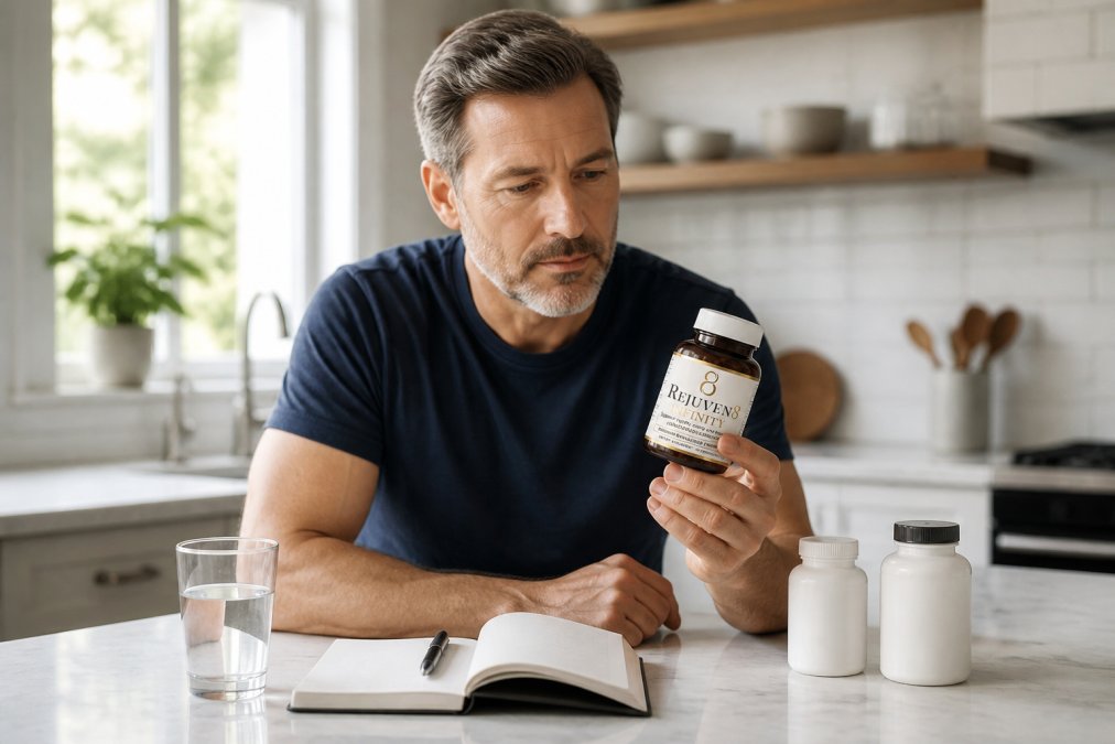 Health-conscious adult in their 50s reviewing supplement dosage on tablet at bright kitchen counter with water glass nearby, natural morning light