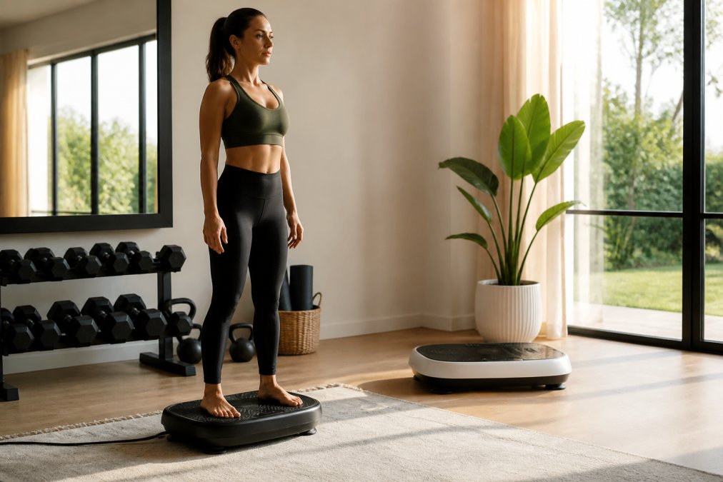 A person in athletic wear standing barefoot on a vibration plate in a bright home gym, a second plate of a different style visible in the background, morning light through large windows
