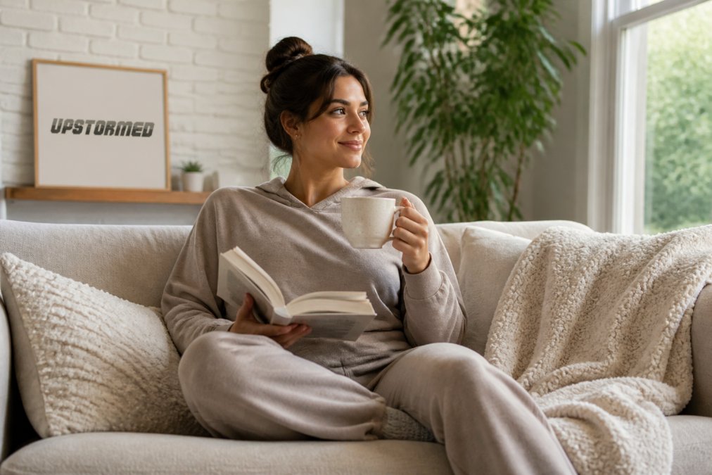 A woman in her 30s wearing a comfortable lounge set, sitting on a cozy sofa with a book and a cup of tea, looking relaxed and confident in a bright, modern living room