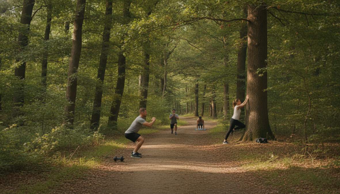 A fit man in his 40s jogging along a tree-lined park path in early morning sunlight, wearing athletic gear, with dappled light filtering through green leaves