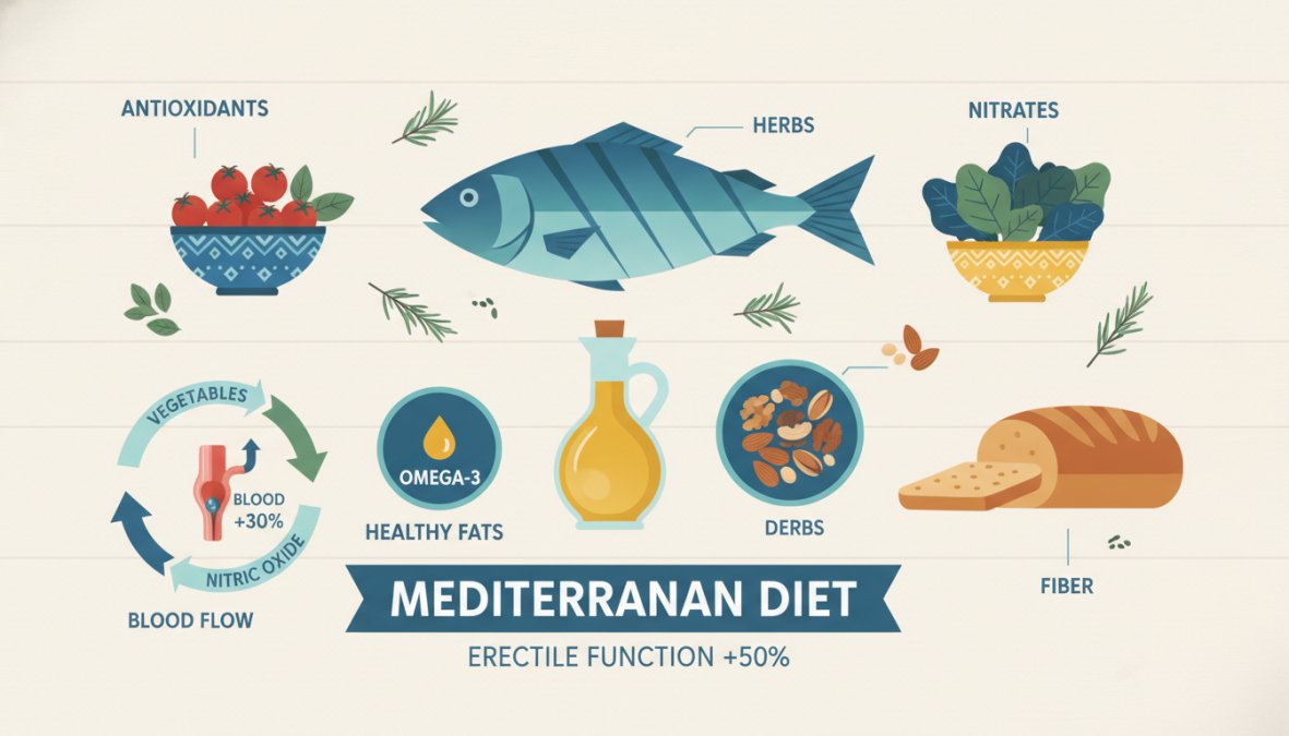 A colorful Mediterranean-style meal spread on a rustic wooden table featuring grilled salmon, a large Greek salad with tomatoes and olives, a small bowl of hummus, olive oil, walnuts, and fresh herbs in warm afternoon light