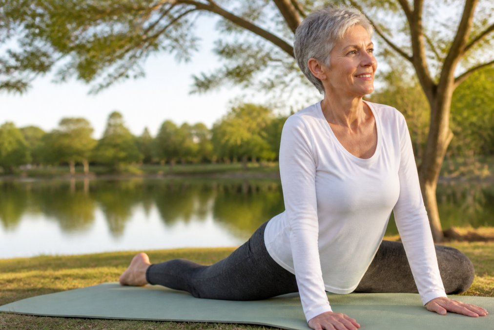 Active adult performing gentle yoga pose outdoors in natural morning light, demonstrating controlled stretching and proper spinal alignment with calm, focused expression