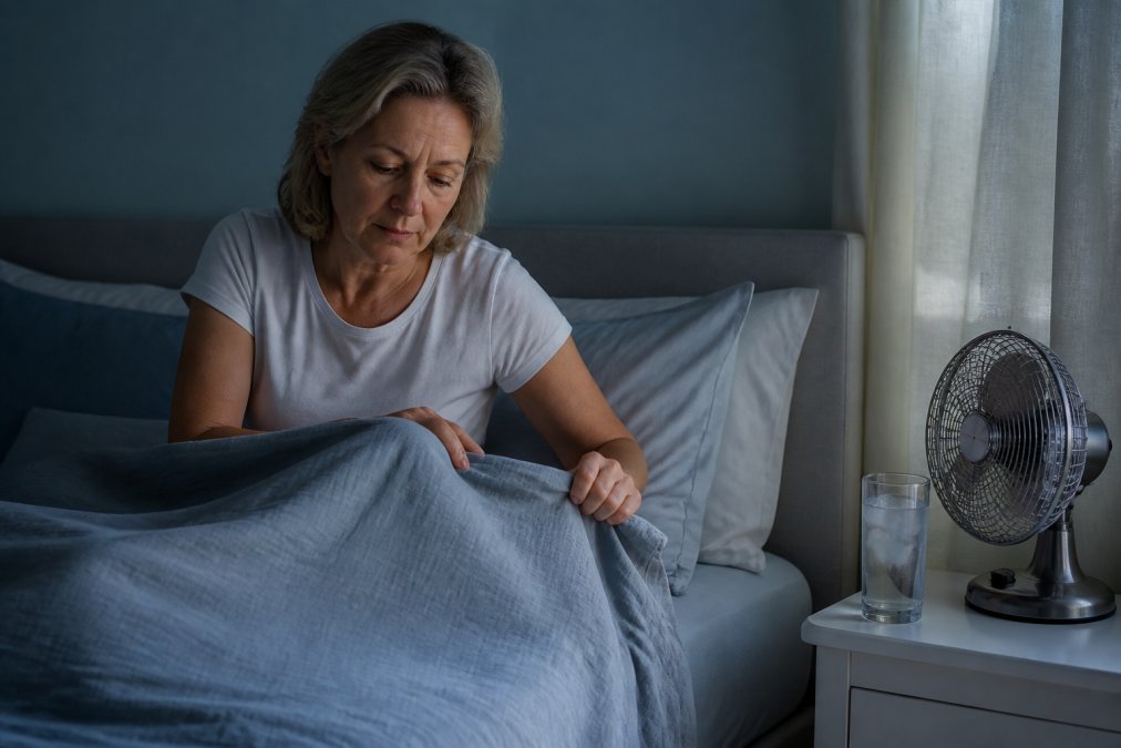 Woman in a cool bedroom using a fan and light blanket to help reduce hot flashes at night