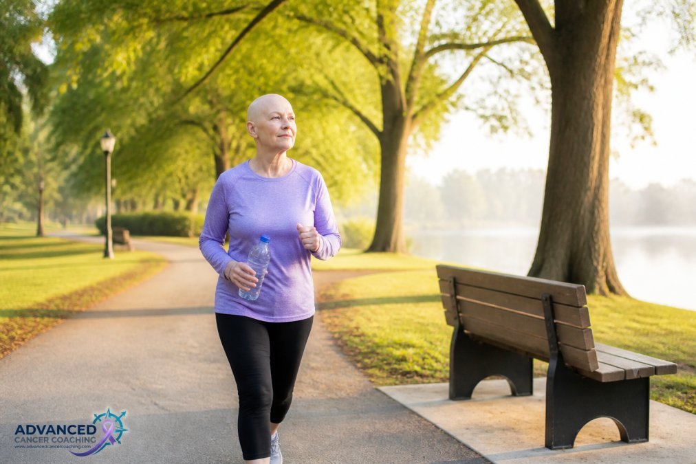 Cancer patient performing gentle aerobic walking outdoors in a park setting during morning light, appearing focused and supported by natural surroundings