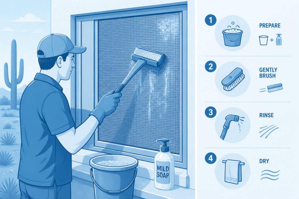 Homeowner carefully cleaning a solar screen with a soft-bristled brush and mild soapy water solution, showing proper maintenance technique on a residential window with desert landscape in background