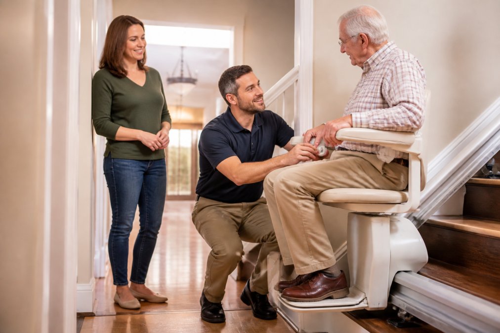 Installer showing a senior how to use a stairlift, a great Lifeway Mobility alternative for your Connecticut home.