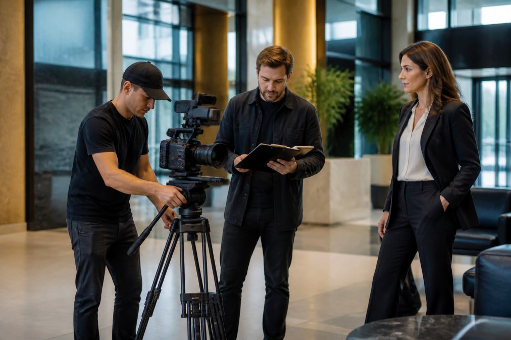 A video production crew setting up a professional camera on a tripod in a modern corporate office lobby, with a director reviewing a shot list on a tablet and a client marketing director observing nearby
