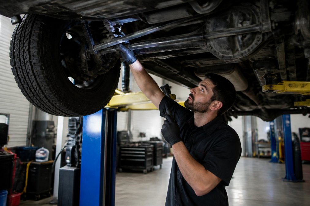Technician inspecting the undercarriage and suspension components of a lifted truck on a hydraulic lift, examining shock absorbers and lift hardware in detail with a flashlight