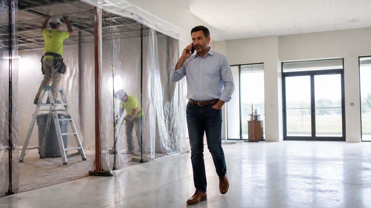 Construction crew installing plastic barriers for dust control during a light commercial remodeling project.