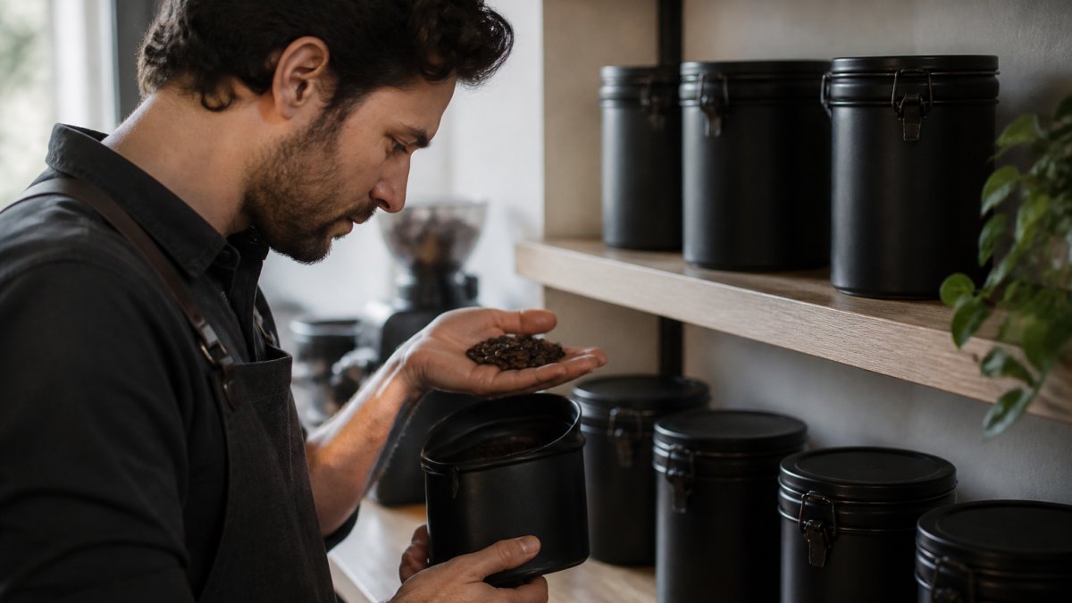 Diagram illustrating the proper storage of roasted coffee beans in opaque containers away from direct sunlight