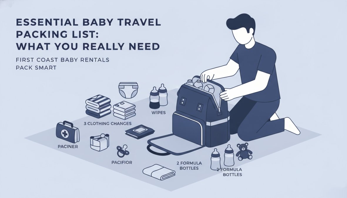Professional illustration showing light packing tips traveling baby