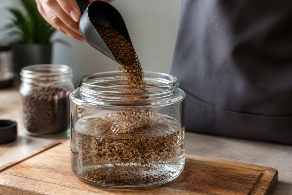 Close-up of coarsely ground light roast coffee beans being poured into a clear glass jar with cold filtered water, showing the initial saturation and immersion brewing setup in natural kitchen lighting