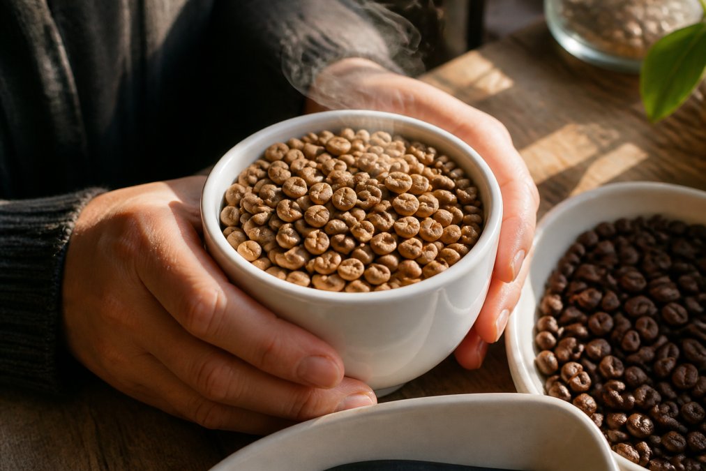 Close-up of light roast coffee beans in a white ceramic cup with visible steam, showing the lighter brown color contrasted with darker roast beans beside it, hands holding the cup in soft morning light