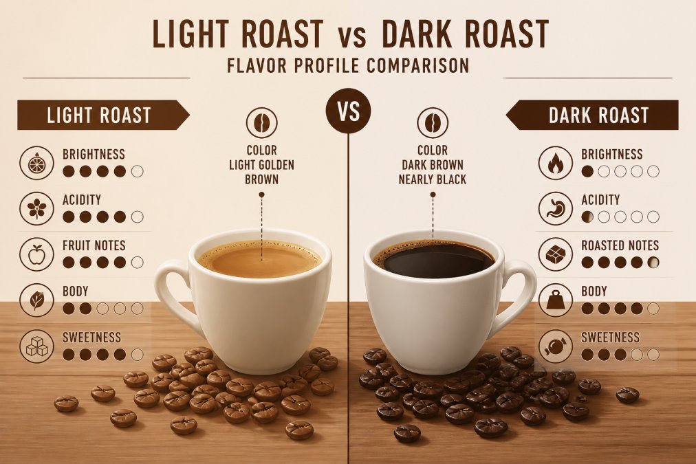 Comparison diagram of light and dark roast coffee with visual flavor profile indicators on a wooden table