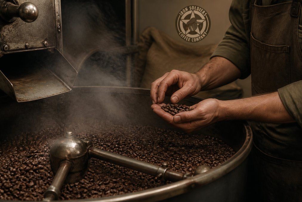Roaster in a canvas apron inspecting freshly roast coffee beans in a steaming vintage metal drum