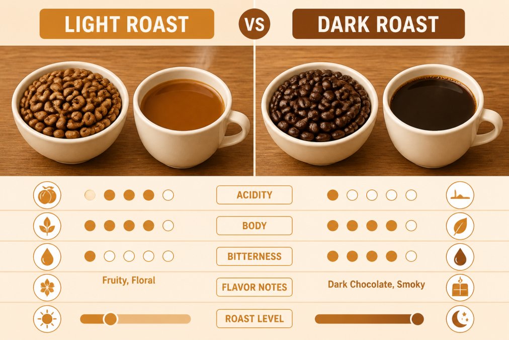 Comparison table of light roast vs dark roast coffee beans and their corresponding brewed cups on a wooden table