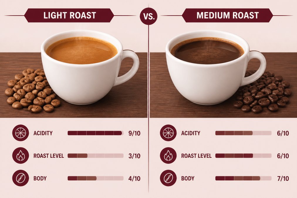 Two identical white coffee cups side by side on a wooden table, one filled with light roast coffee and one with medium roast coffee, with scattered whole coffee beans of each roast beside their respective cups
