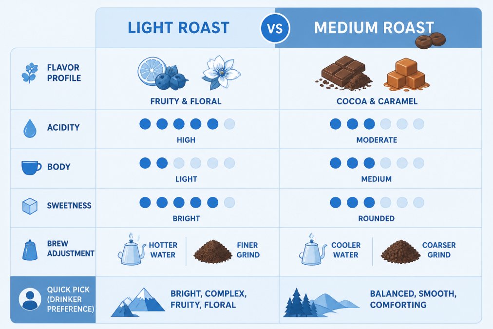 Comparison chart showing flavor, acidity, body, and brewing adjustments for light versus medium roast coffee.