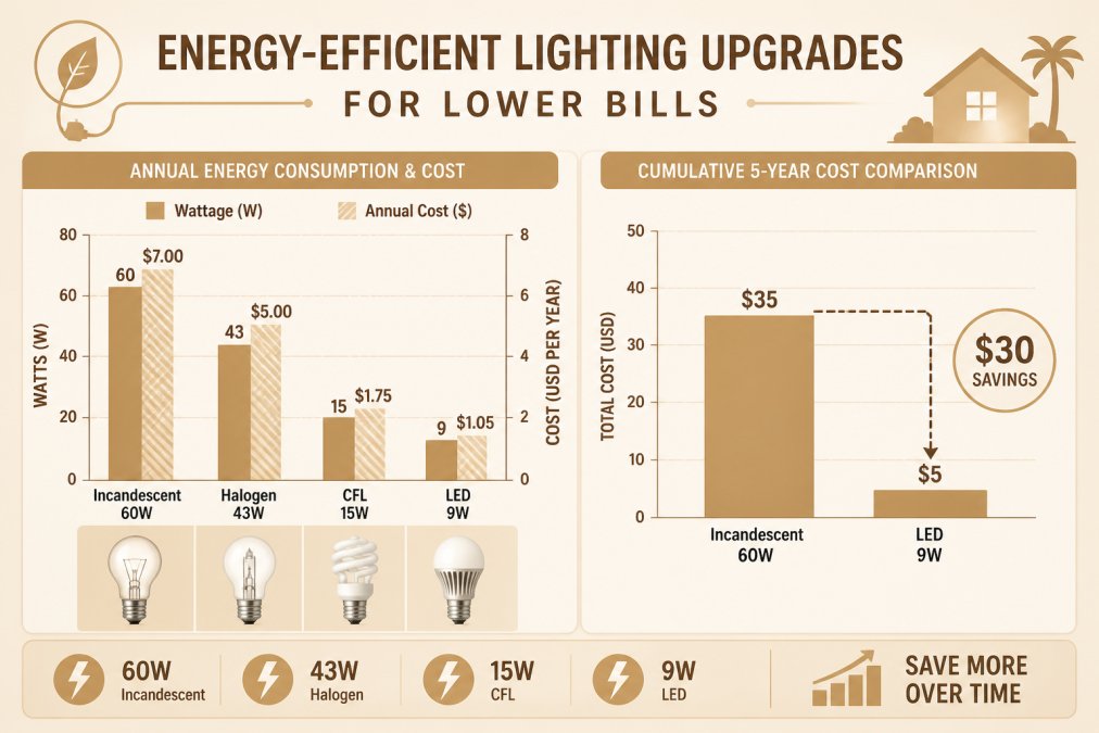 Bar chart comparing energy consumption and annual costs: Incandescent 60W at $7.00/year, Halogen 43W at $5.00/year, CFL 15W at $1.75/year, LED 9W at $1.05/year, with cumulative 5-year savings showing LED at $30 savings vs incandescent at $35 total cost