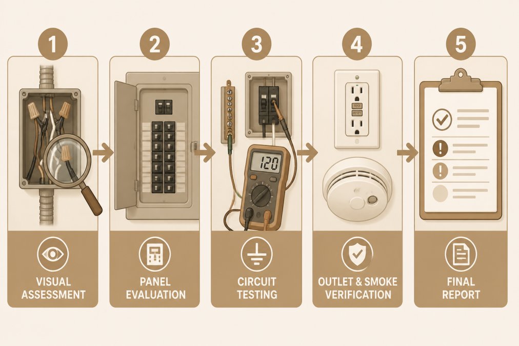 Flowchart showing electrical inspection process: Visual assessment of wiring and connections → Electrical panel evaluation for proper sizing and damage → Circuit testing for proper grounding and breaker protection → GFCI/AFCI outlet verification and smoke detector testing → Final comprehensive report with prioritized recommendations
