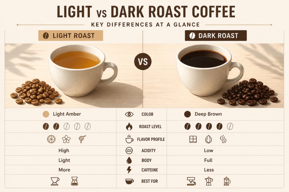 Infographic comparing light and dark roasted coffee beans and their resulting brewed coffee colors side by side.
