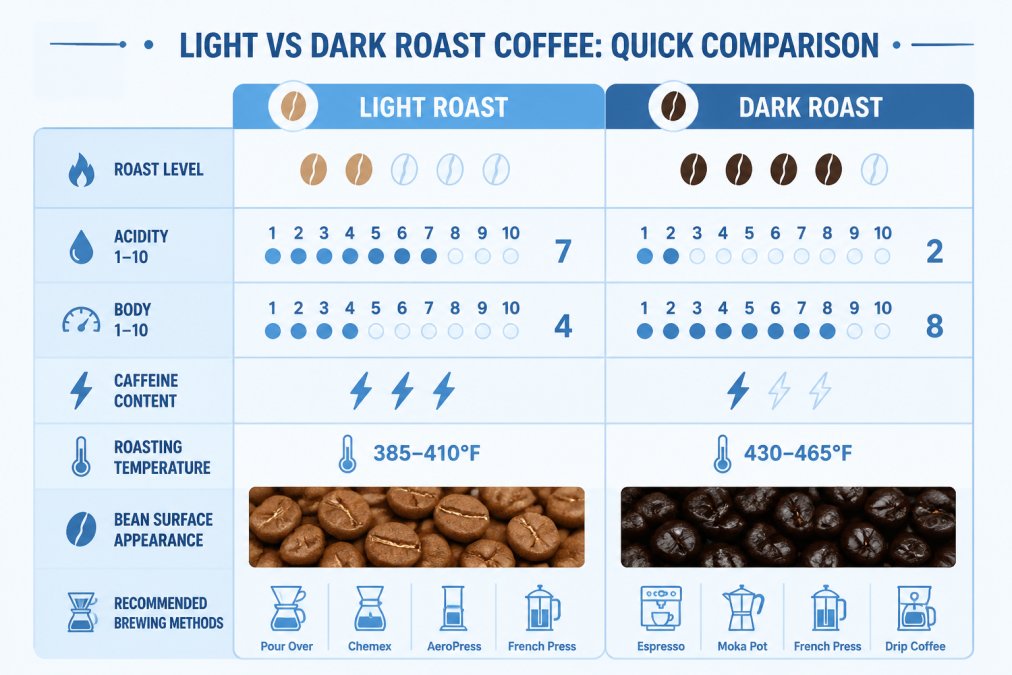 Comparison matrix with roast level, acidity scale 1-10, body scale 1-10, caffeine content comparison, roasting temperature ranges, bean surface appearance photos, and recommended brewing methods for light vs dark roast