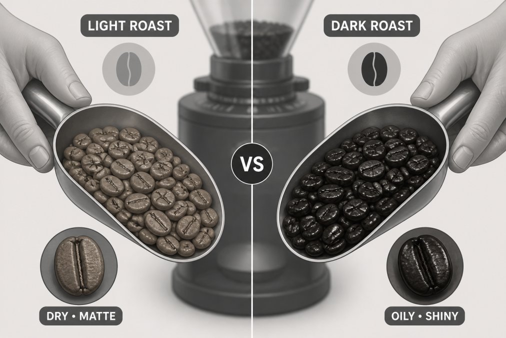 Close-up of two hands holding a metal scoop of light roast beans next to a scoop of dark roast beans, showing the dry matte surface of the light beans versus the oily sheen of the dark beans, with a burr grinder blurred in the background