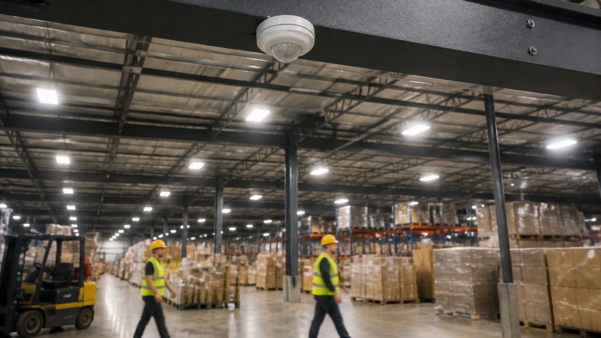 Interior of a modern warehouse with high-bay LED fixtures illuminated, motion sensor mounted on ceiling beam, and facility workers moving through the space below