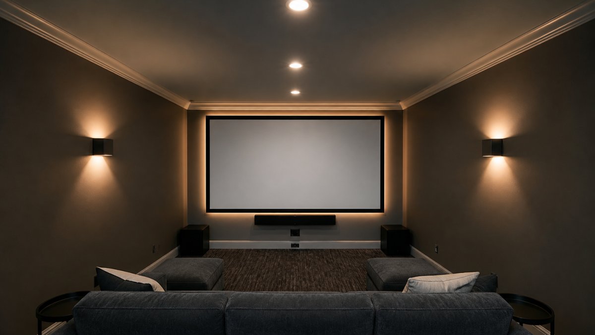 Diagram illustrating ceiling, wall, and bias lighting placement for a compact home media room layout.